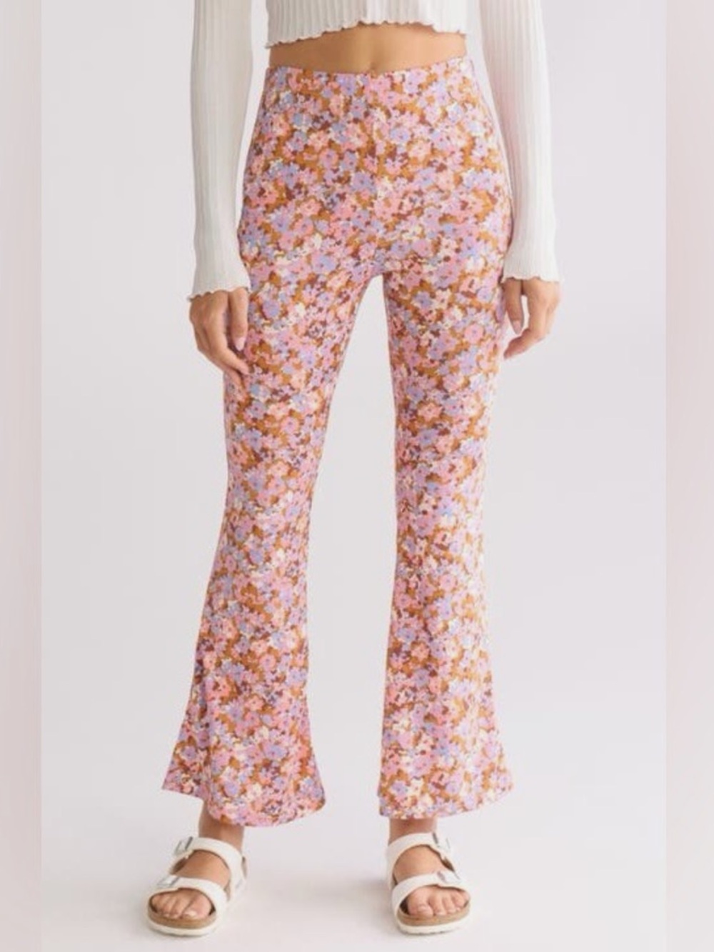 Billabong Women’s M Pink Brown Floral Pull On Wide Leg ‘Hang Loose’ Pants NWT